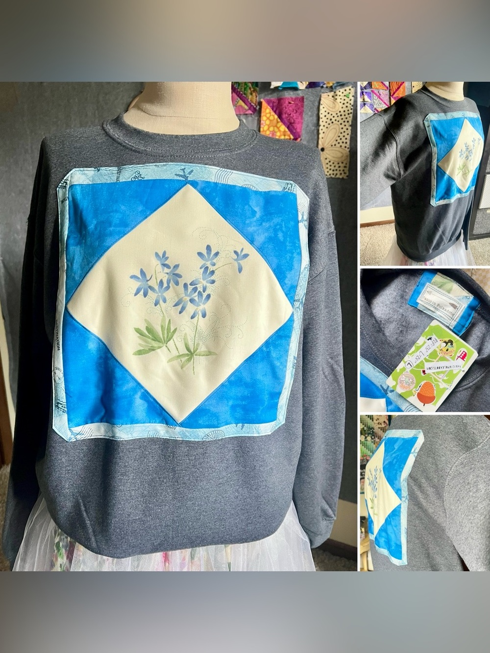 Quilty Crewneck Sweatshirt - Botanical Blue Flowers